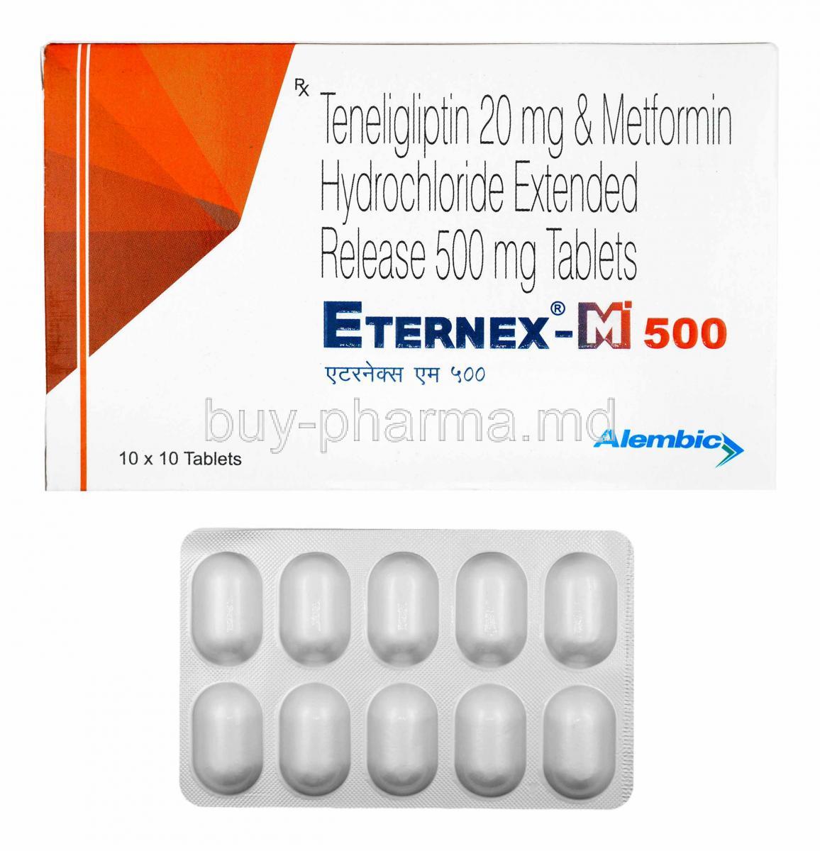 Eternex-M, Metformin and Teneligliptin 500mg, box and tablets