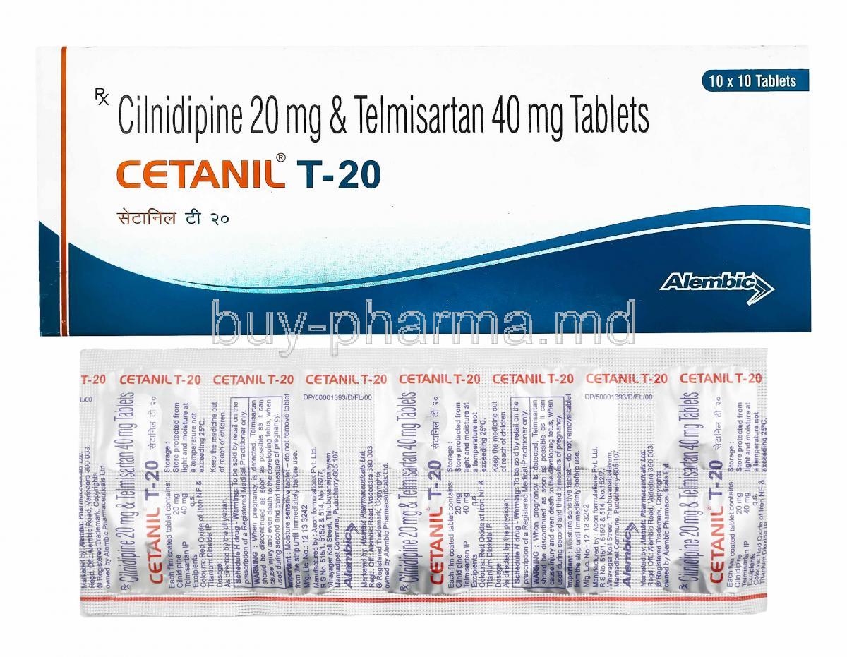 Cetanil-T, Cilnidipine and Telmisartan 20mg, box and tablets