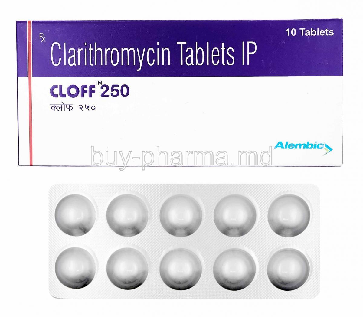 Cloff, Clarithromycin 250mg box and tablets