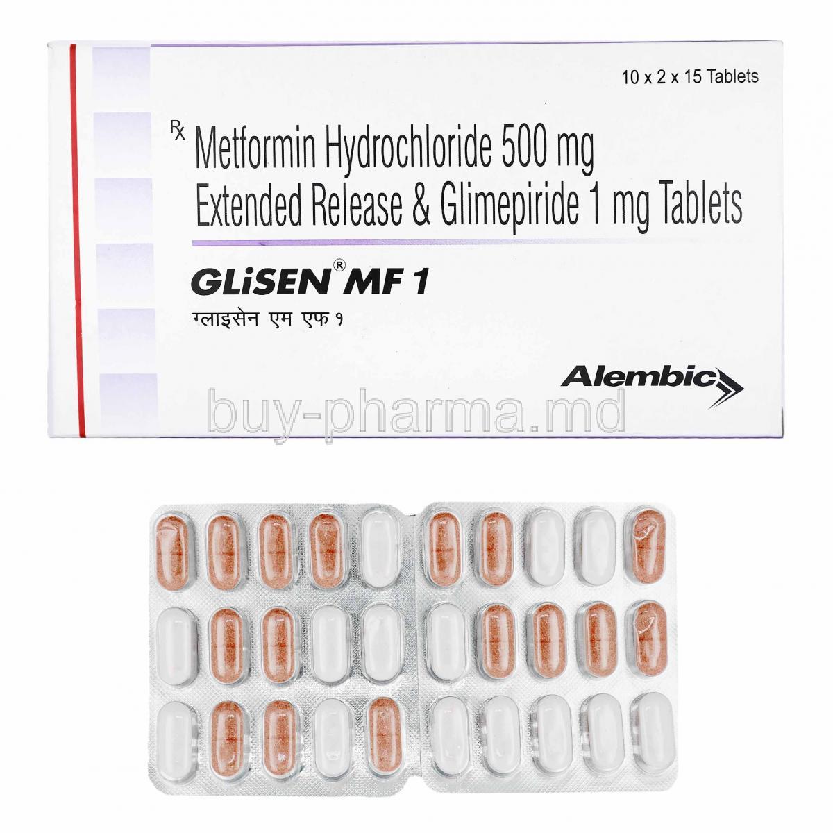Glisen MF, Glimepiride and Metformin 1mg box and tablets