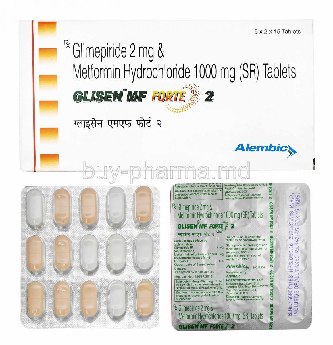 Glisen MF Forte, Glimepiride and Metformin 2mg box and tablets