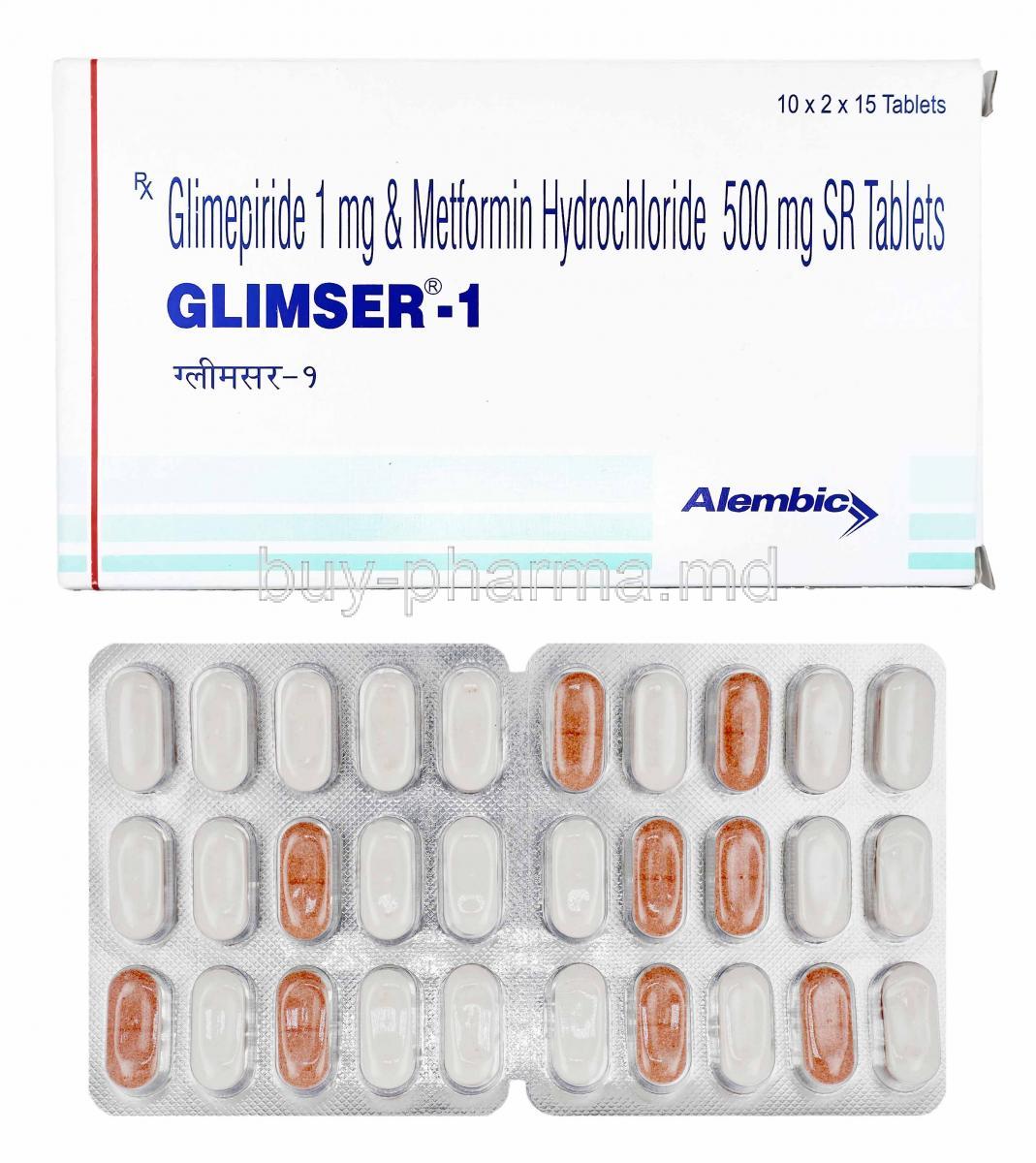 Glimser, Glimepiride and Metformin1mg box and tablets