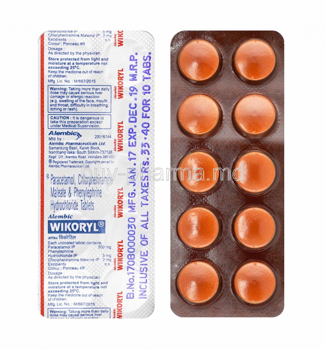 Wikoryl, Chlorpheniramine, Paracetamol and  Phenylephrine tablets