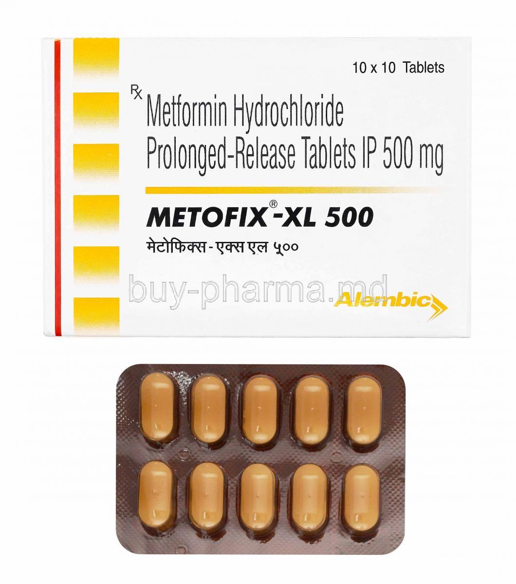 Metofix-XL, Metformin 500mg box and tablets