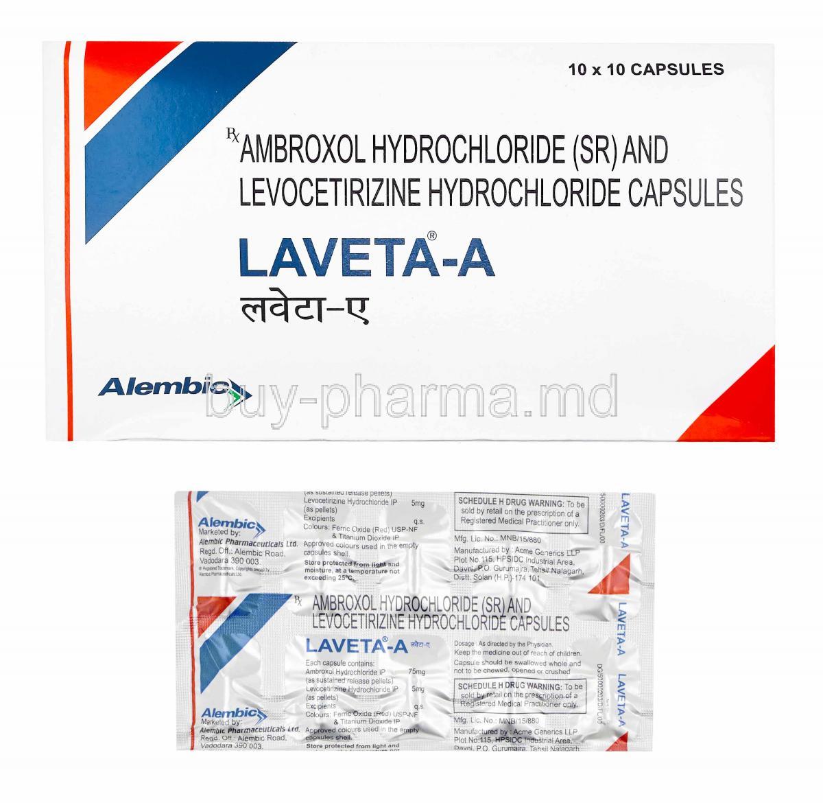 Laveta-A, Levocetirizine and Ambroxol box and capsules