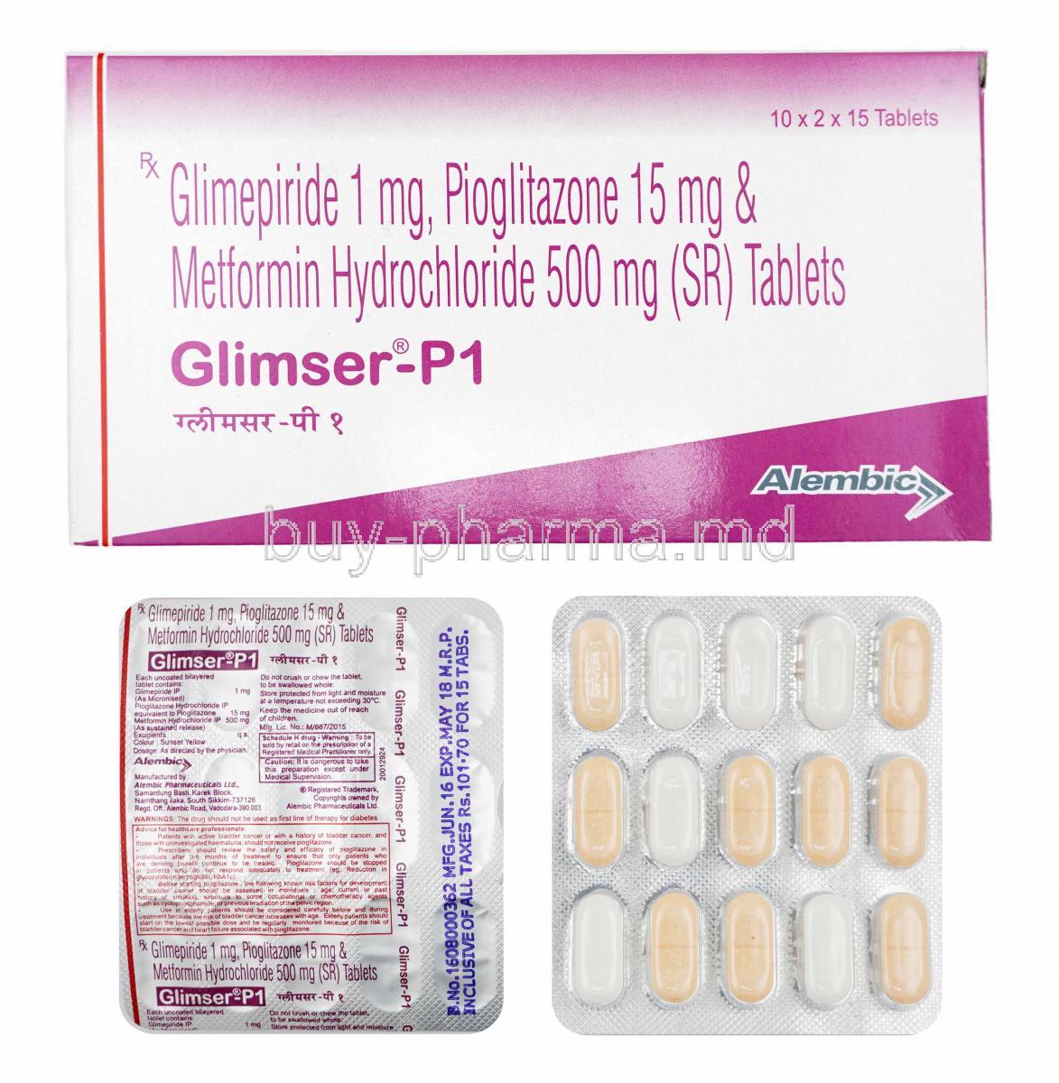 Glimser-P, Glimepiride and Metformin 1mg box and tablets