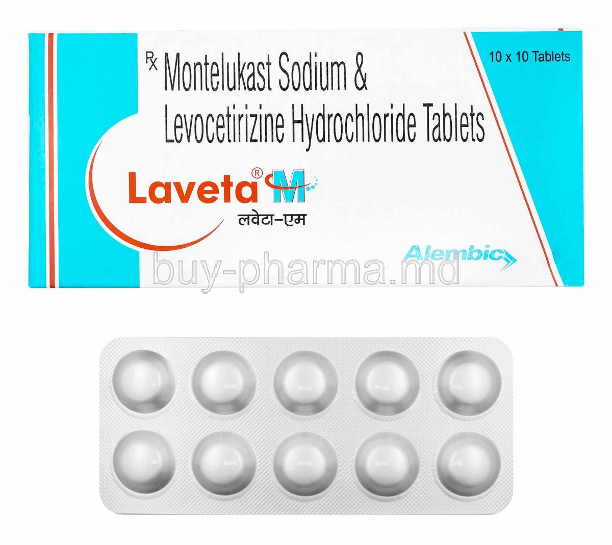 Laveta M, Levocetirizine and Montelukast box and tablets
