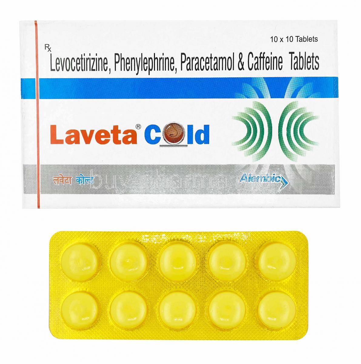Laveta Cold, Caffeine, Chlorpheniramine, Paracetamol and Phenylephrine  box and tablets