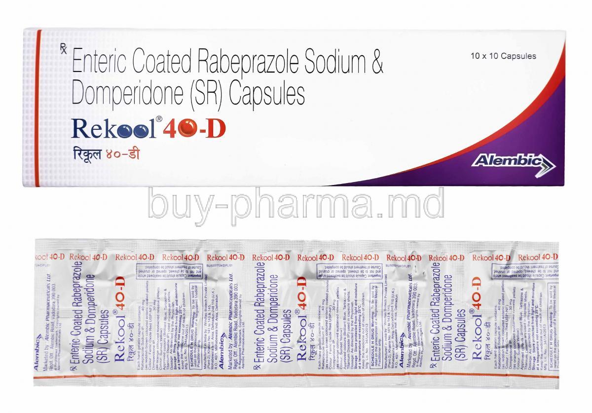 Rekool D, Domperidone and Rabeprazole 40mg box and capsules