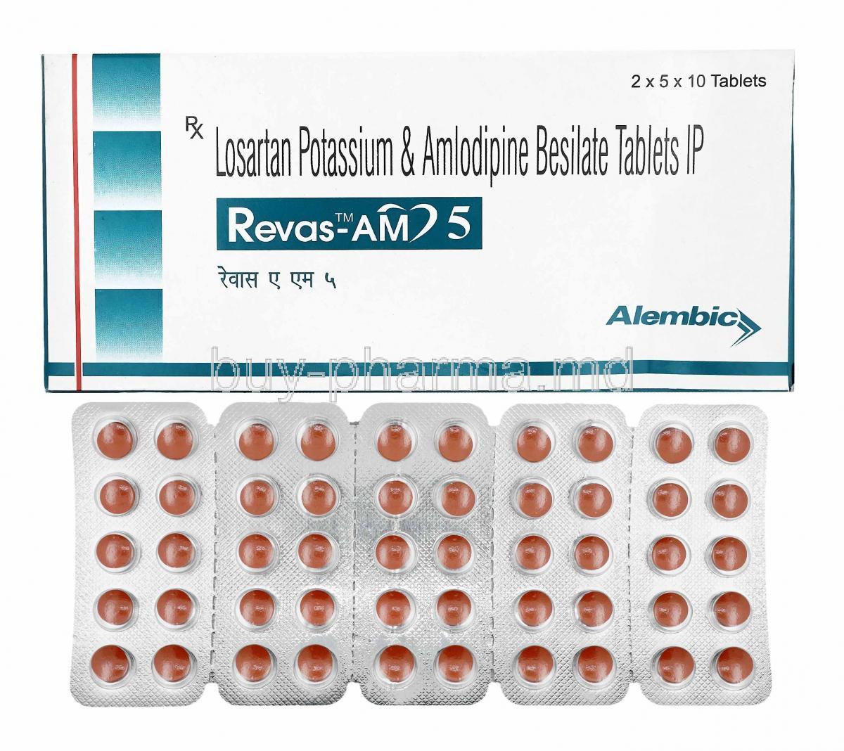 Revas-AM, Losartan and Amlodipine 5mg box and tablets