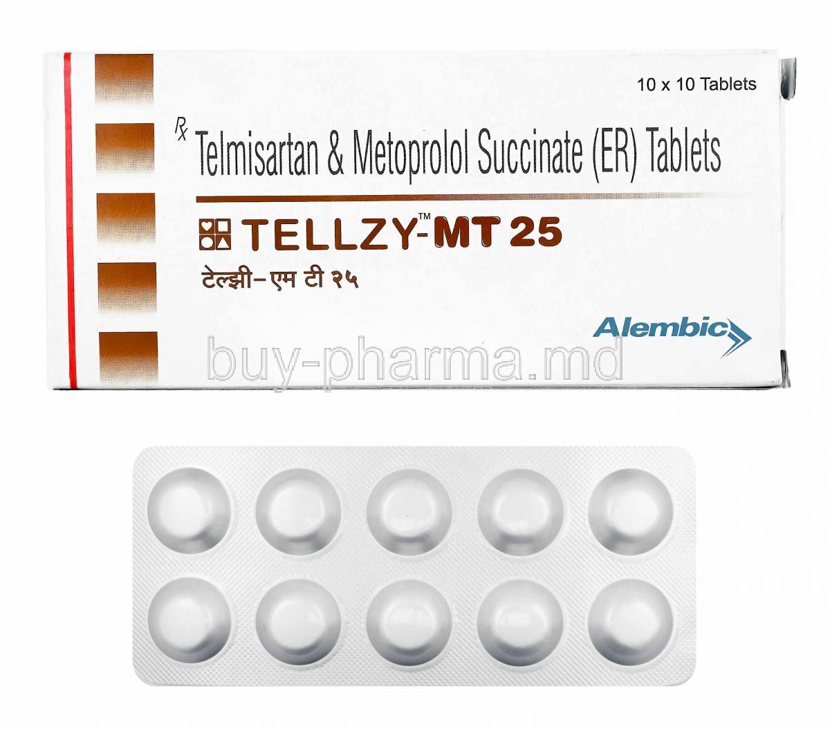 Tellzy-MT, Telmisartan and Metoprolol Succinate 25mg box and tablets