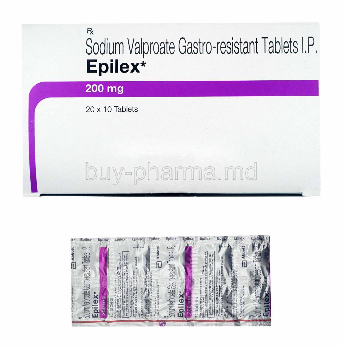 Epilex, Sodium Valproate 200mg box and tablets