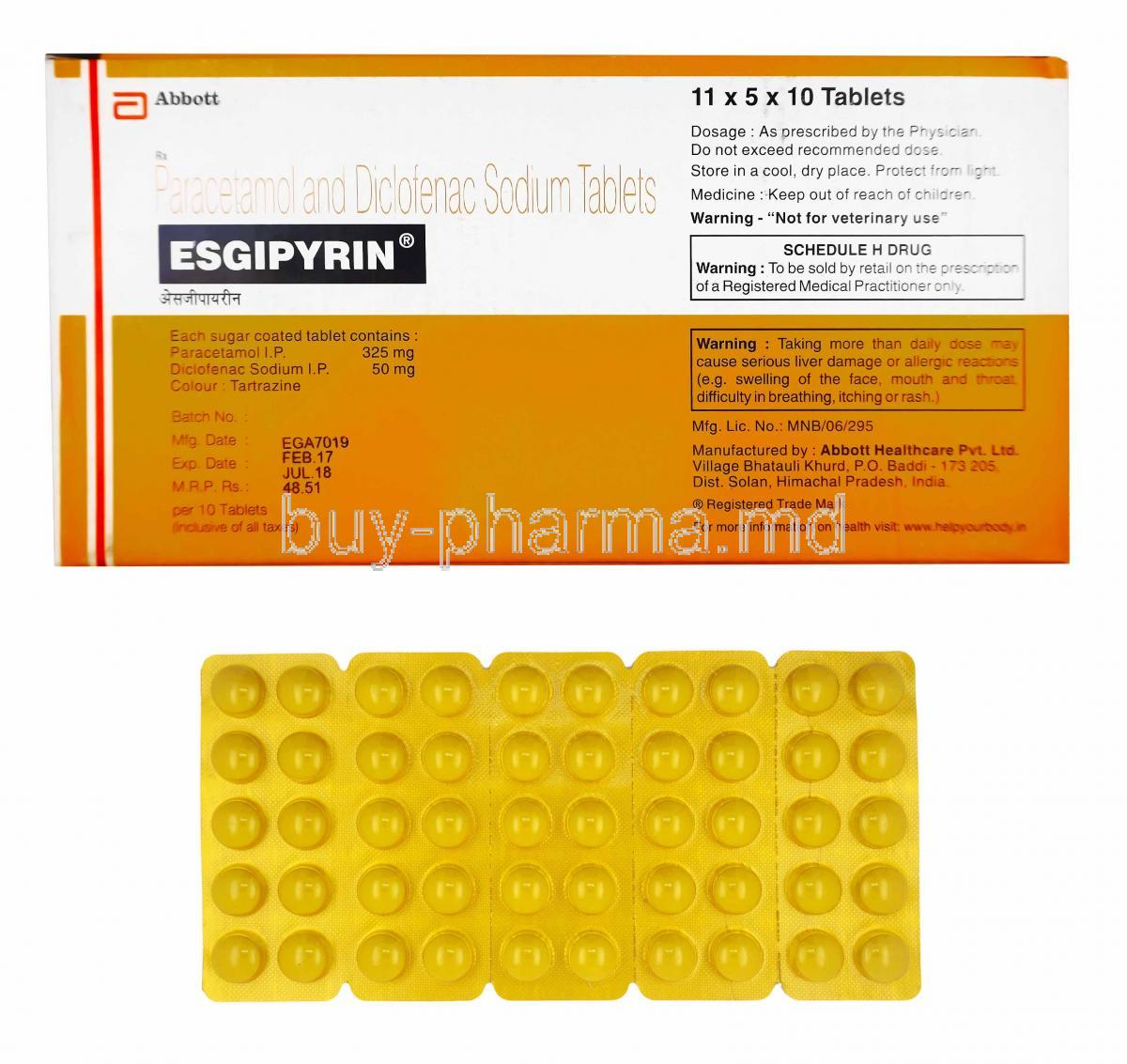 Esgipyrin, Diclofenac 50mg and Paracetamol 325mg, box and tablets