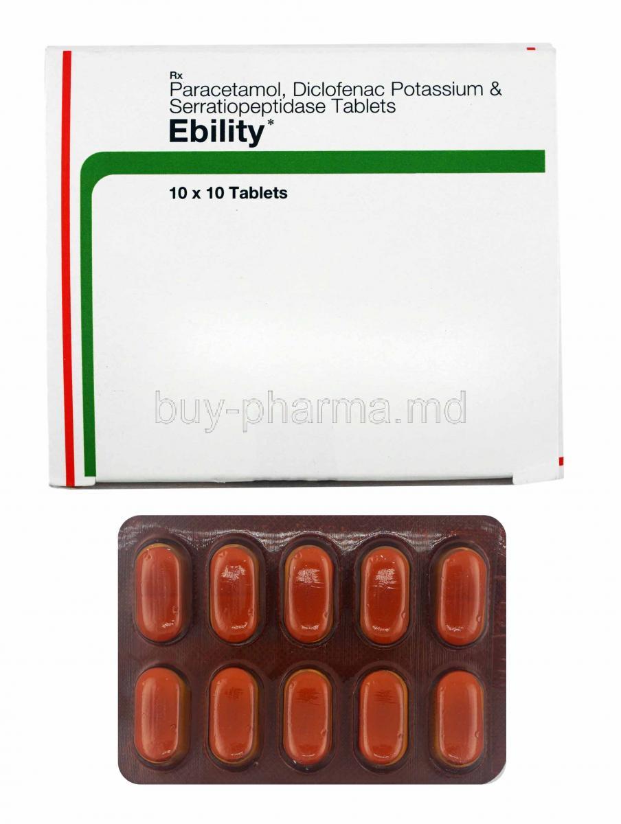Ebility, Diclofenac, Paracetamol and Serratiopeptidase box and tablets