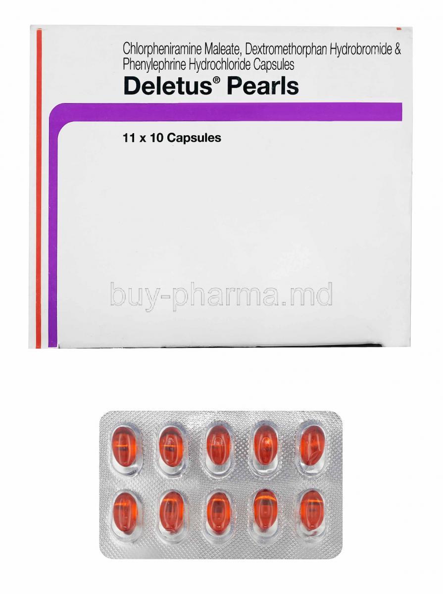 Deletus Pearls, Phenylephrine, Chlorpheniramine and Dextromethorphan box and capsules