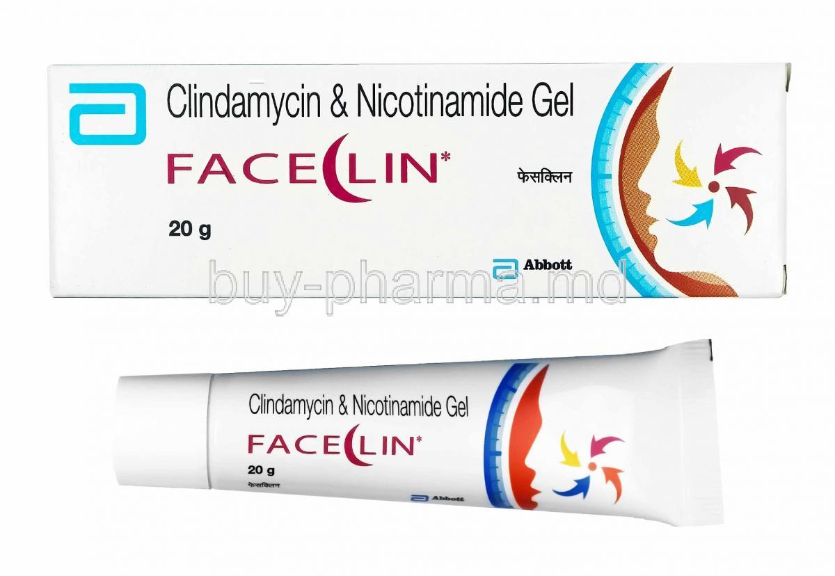 Faceclin Gel, Clindamycin and Nicotinamide box and tube