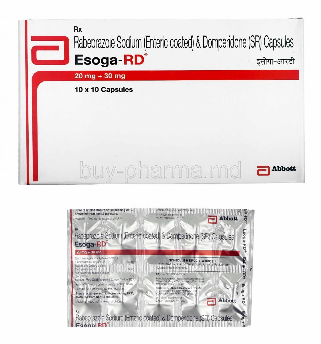 Esoga-RD, Domperidone and Rabeprazole box and capsules