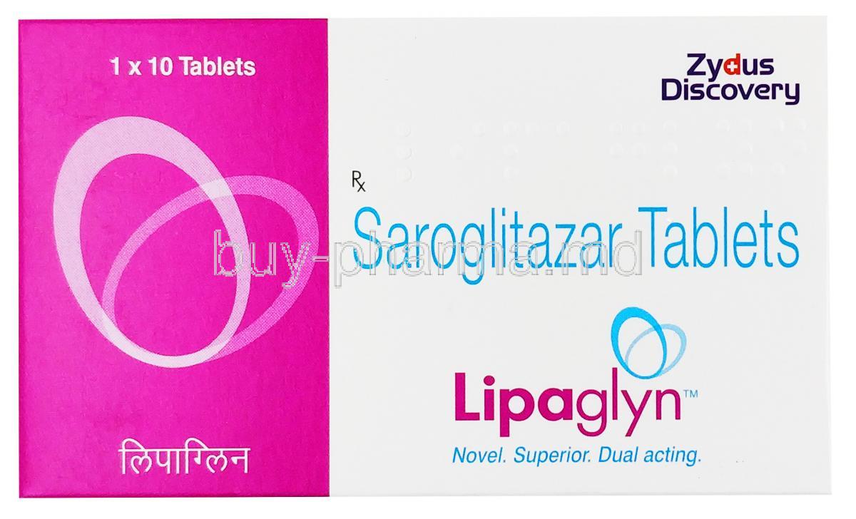 Lipaglyn, Saroglitazar tablets 1 x 10 tablets, Zydus Discovery, box