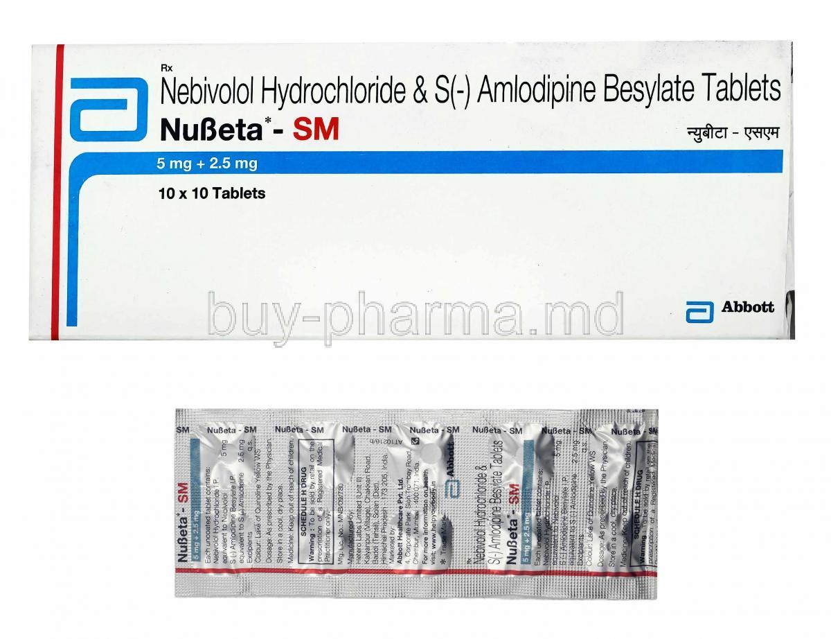 Nubeta SM, Nebivolol and Amlodipine box and tablets