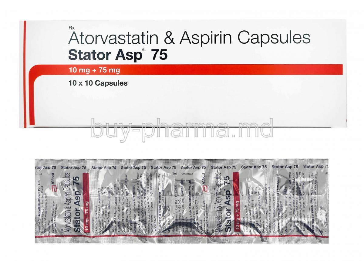 Stator Asp, Atorvastatin and Aspirin box and capsules