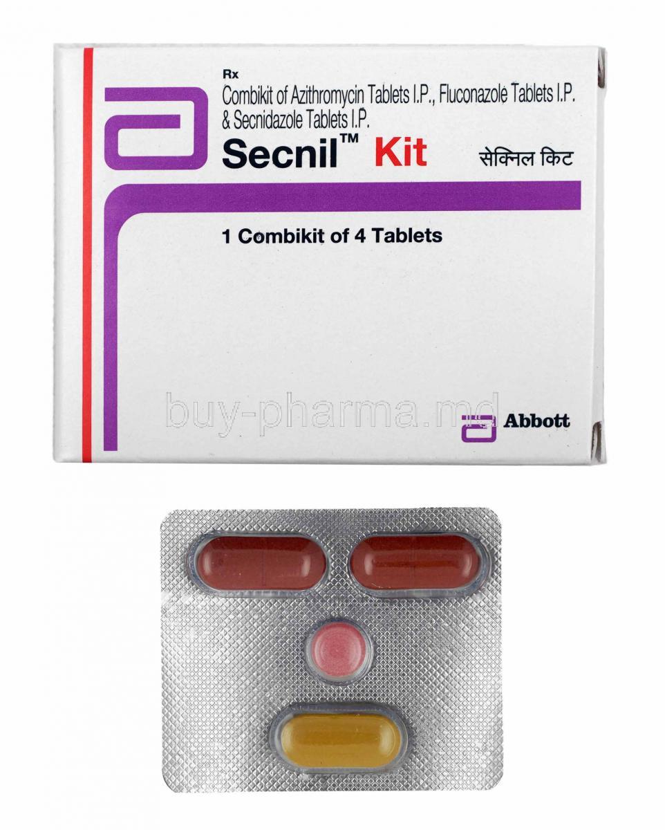 Secnil Kit, Fluconazole, Azithromycin and Secnidazole box and tablets