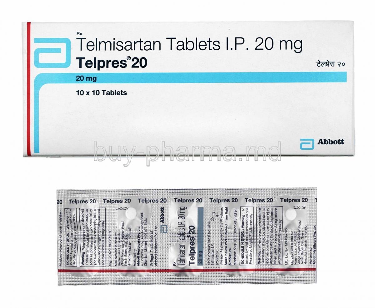 Telpres, Telmisartan 20mg box and tablets