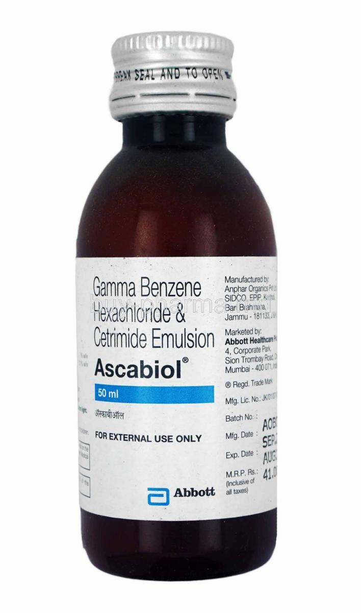 Ascabiol Emulsion, Lindane and  Cetrimide bottle
