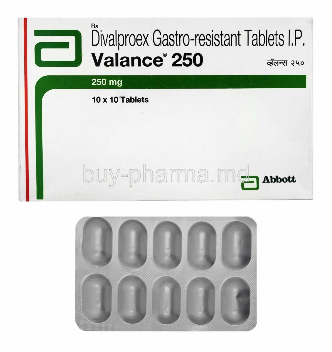 Valance, Divalproex 250mg box and tablets