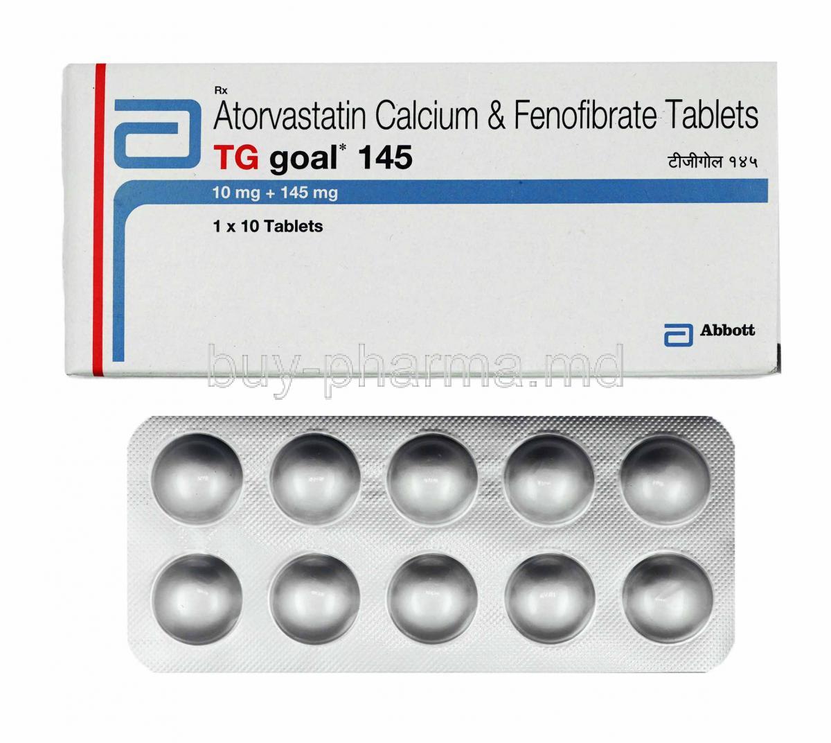 TG Goal, Atorvastatin and Fenofibrate box and tablets