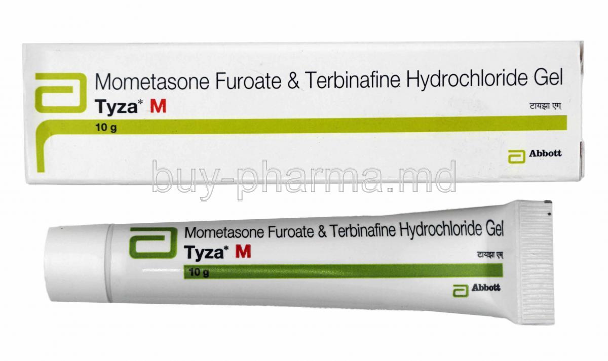 Tyza M Gel, Mometasone and Terbinafine box and tube