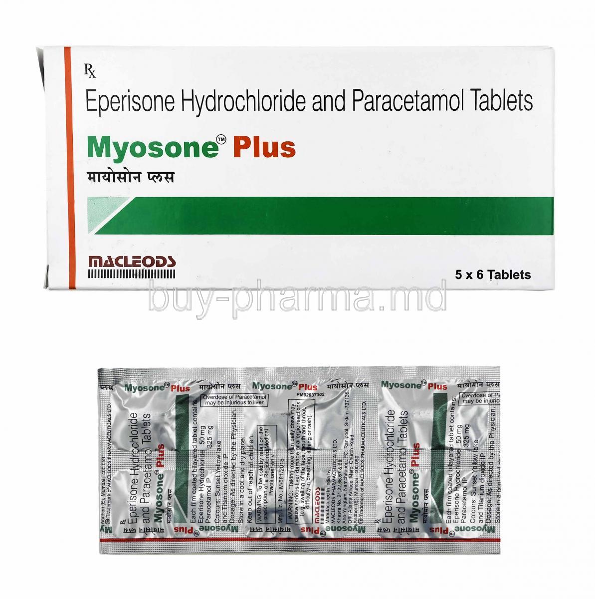 Myosone Plus, Eperisone and Paracetamol box and tablets