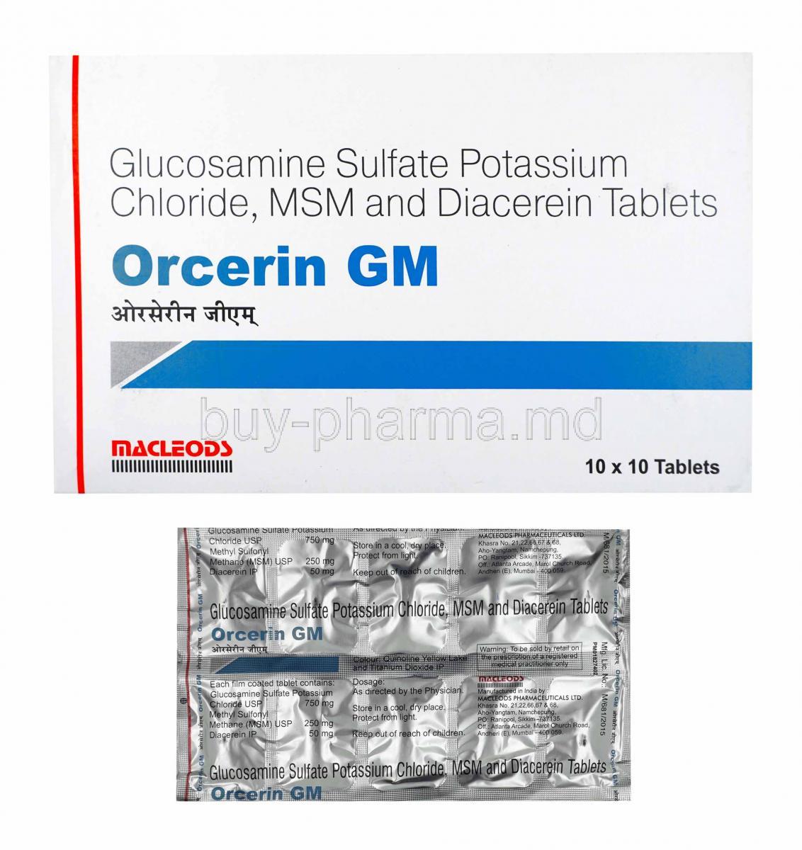Orcerin GM, Glucosamine, Diacerein and Methyl Sulfonyl Methane box and tablets