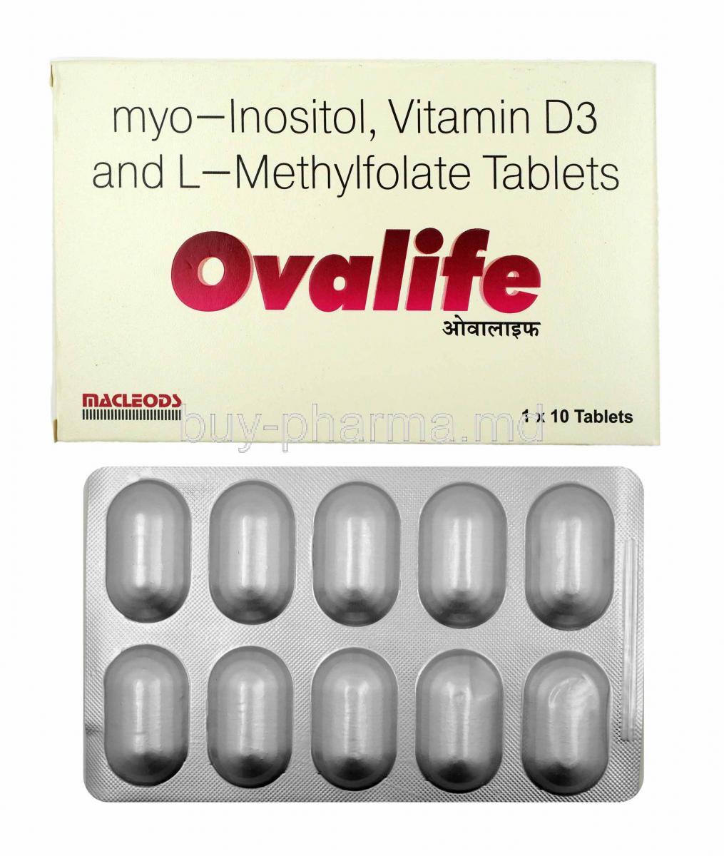 Ovalife, L-Methyl Folate, Myo- Inositol and Vitamin D3 box and tablets