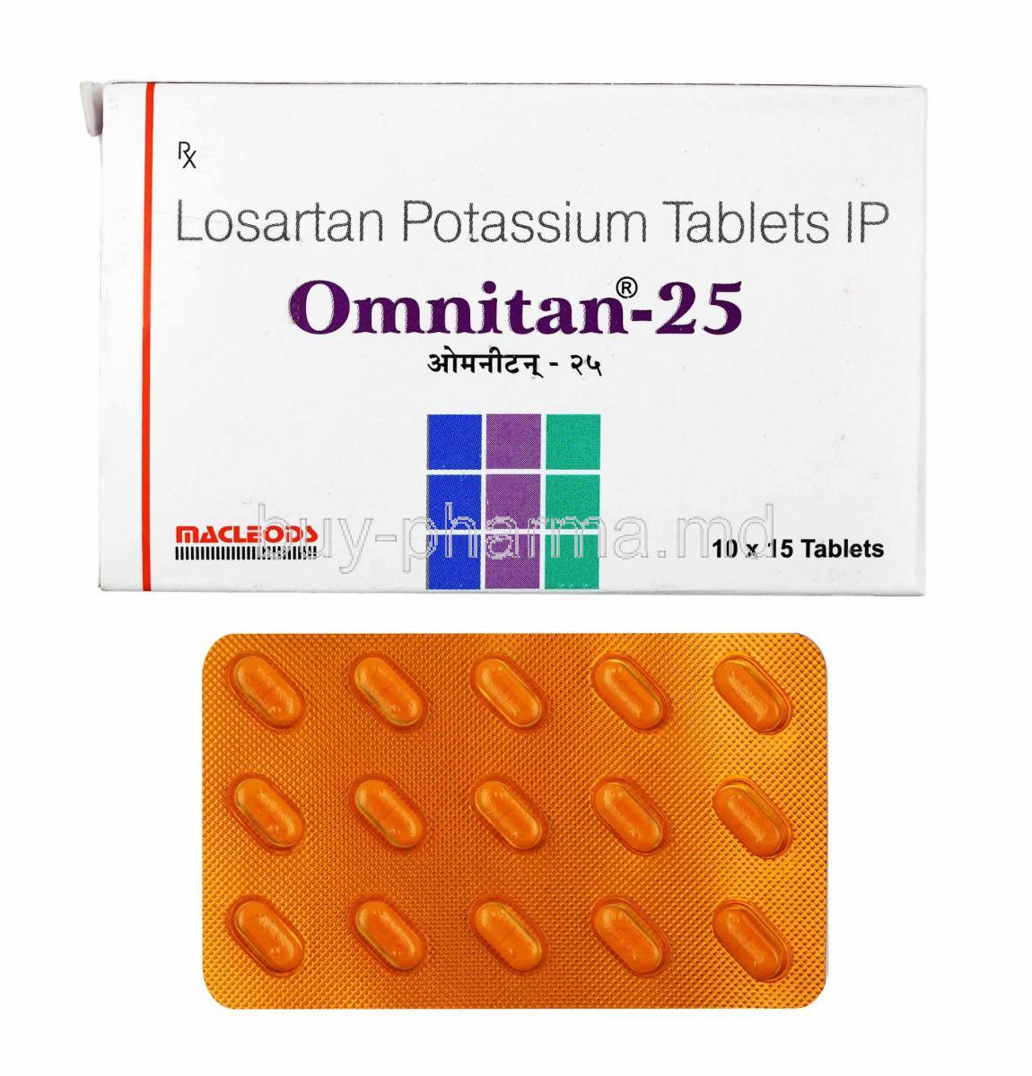 Omnitan, Losartan 25mg box and tablets