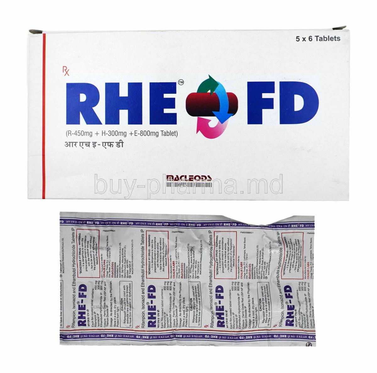 Rhe-FD, Rifampicin, Isoniazid and Ethambutol box and tablets