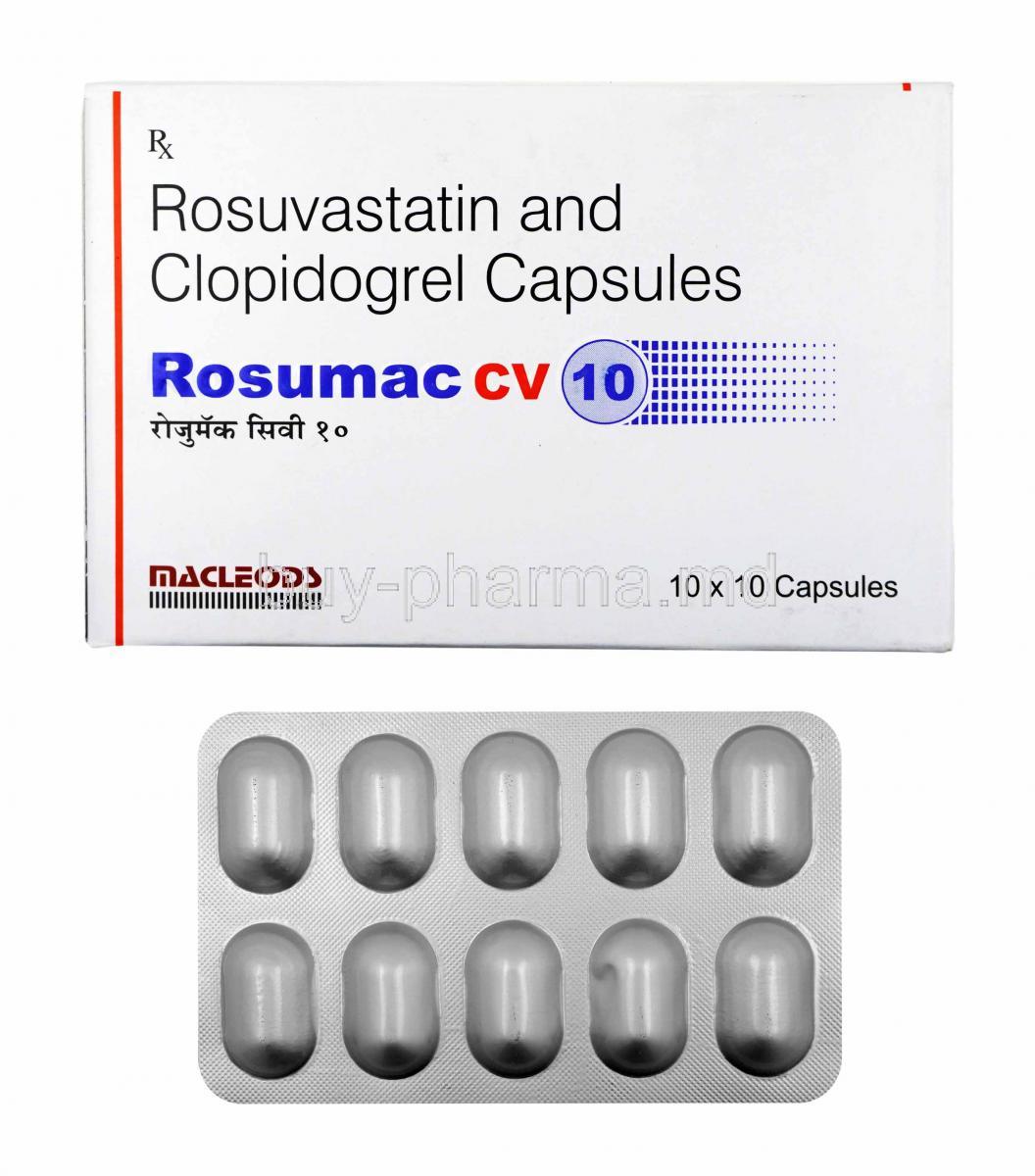 Rosumac CV, Rosuvastatin and Clopidogrel 10mg box and capsules