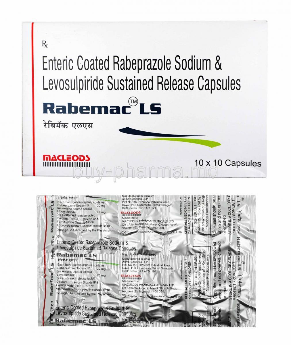Rabemac LS, Levosulpiride and Rabeprazole box and capsules