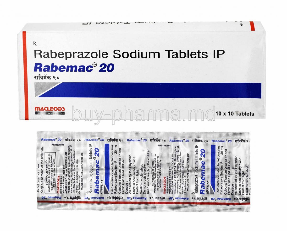 Rabemac, Rabeprazole 20mg box and tablets