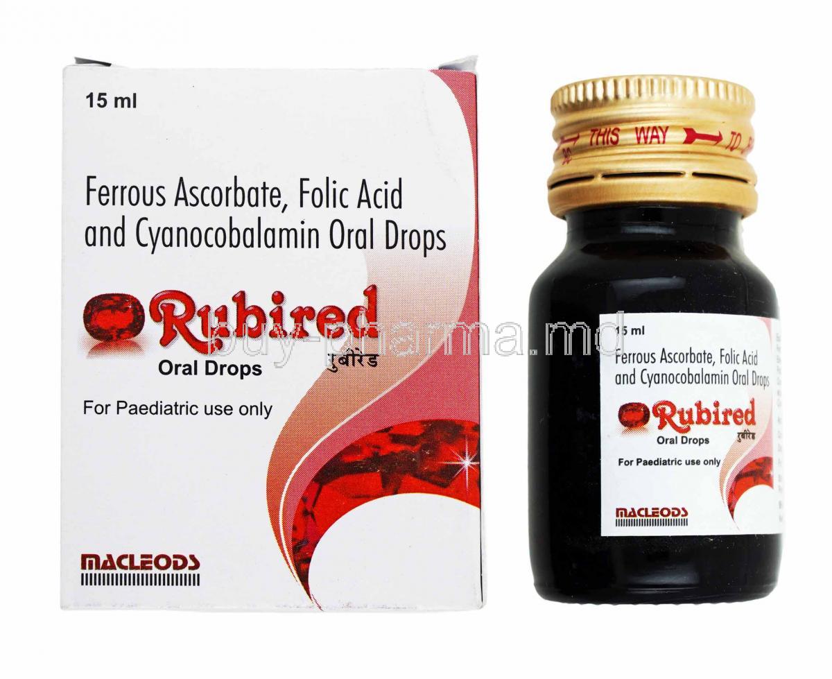 Rubired Oral Drops, Iron, Folic Acid and Cyanocobalamin box and bottle