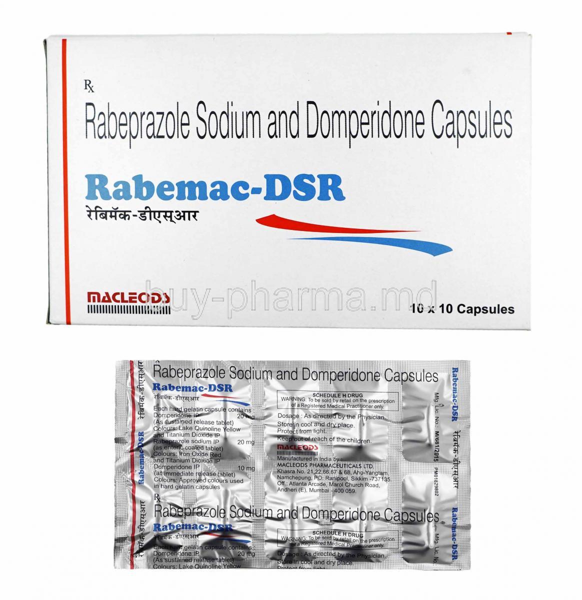 Rabemac-DSR, Domperidone and Rabeprazole box and capsules