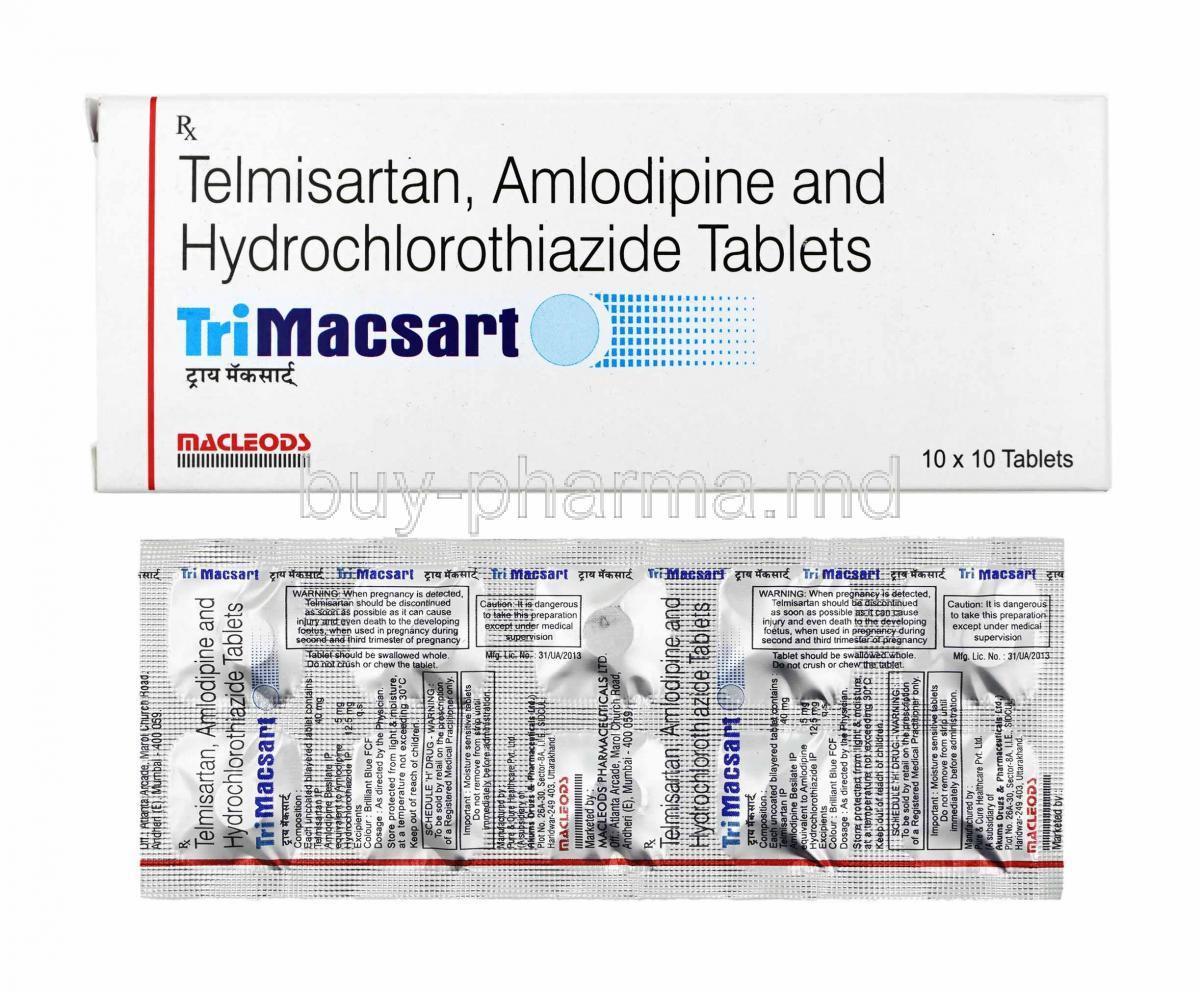 Trimacsart, Telmisartan, Amlodipine and Hydrochlorothiazide box and tablets