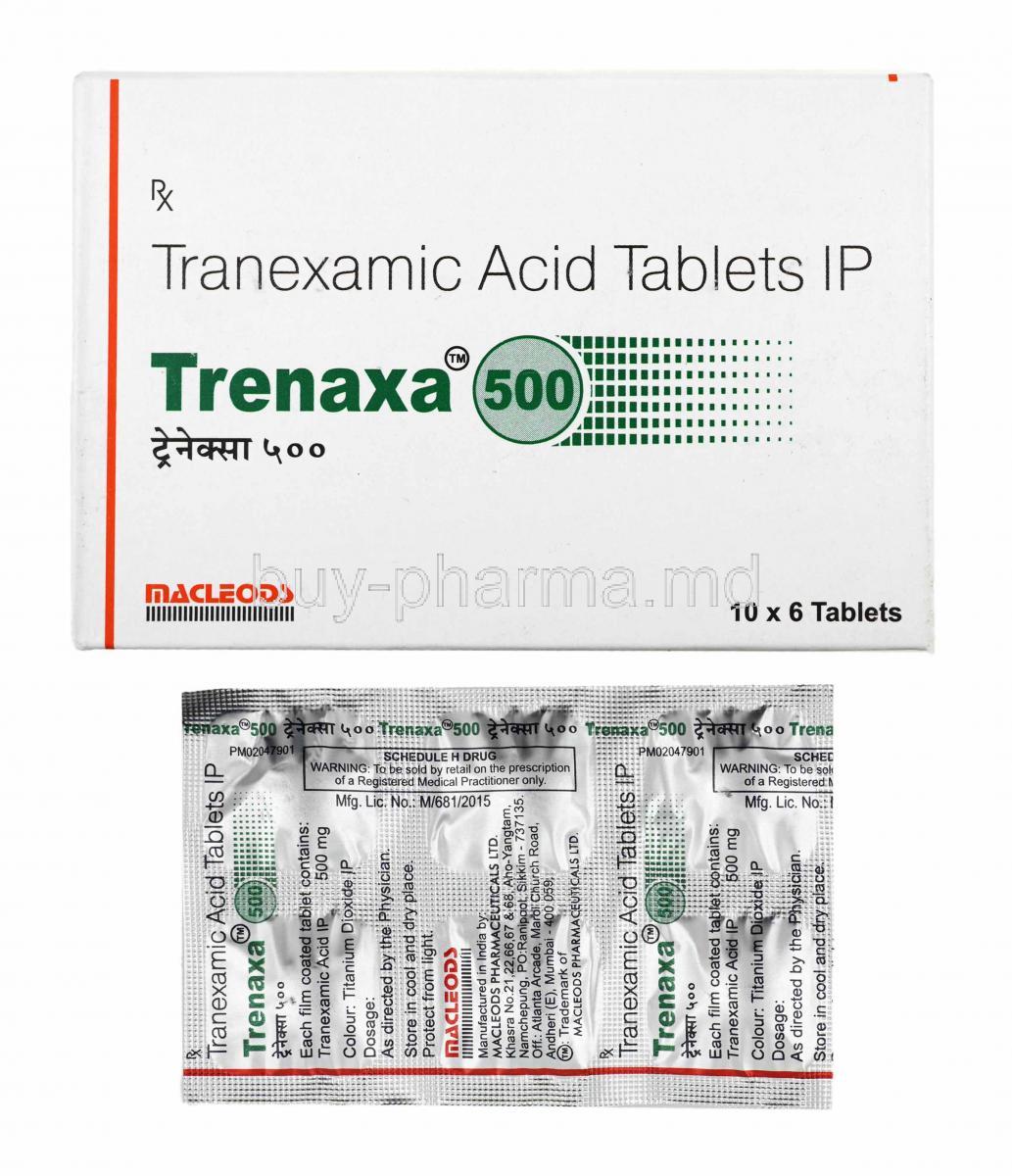 Trenaxa, Tranexamic Acid 500mg box and tablets