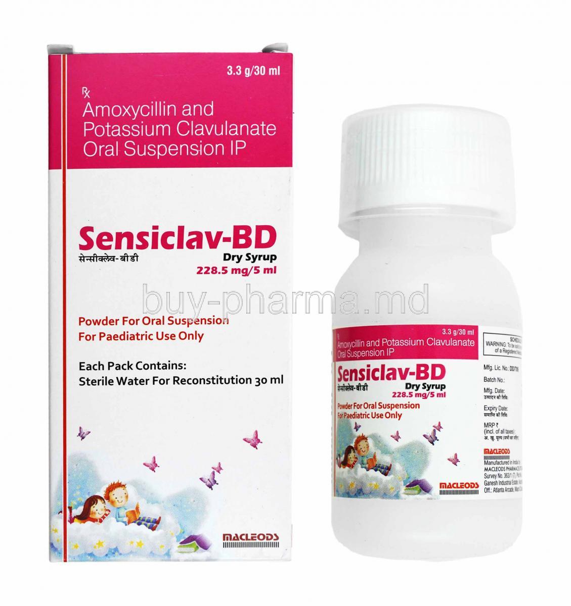 Sensiclav-BD Dry Syrup, Amoxicillin and Clavulanic Acid box and bottle