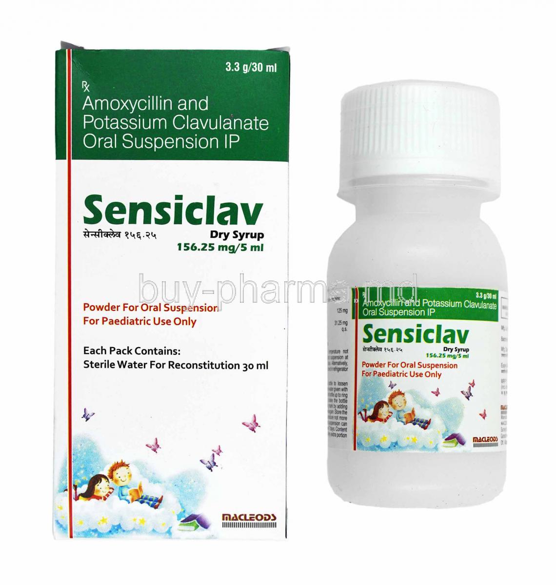 Sensiclav Dry Syrup, Amoxicillin and Clavulanic Acid box and bottle