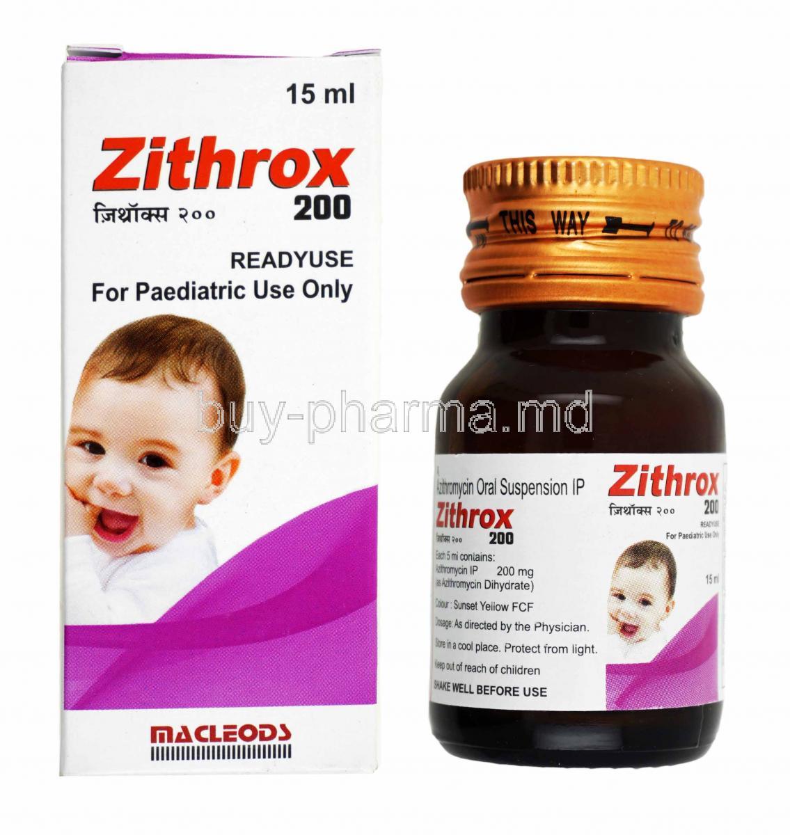 Zithrox Oral Suspensionicon, Azithromycin 200mg box and bottle