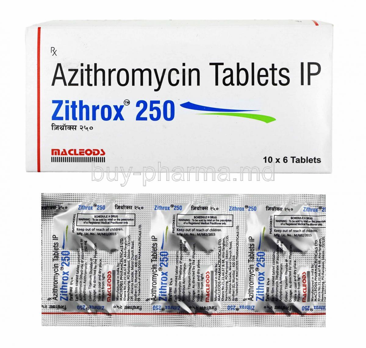Zithrox, Azithromycin 250mg box and tablets