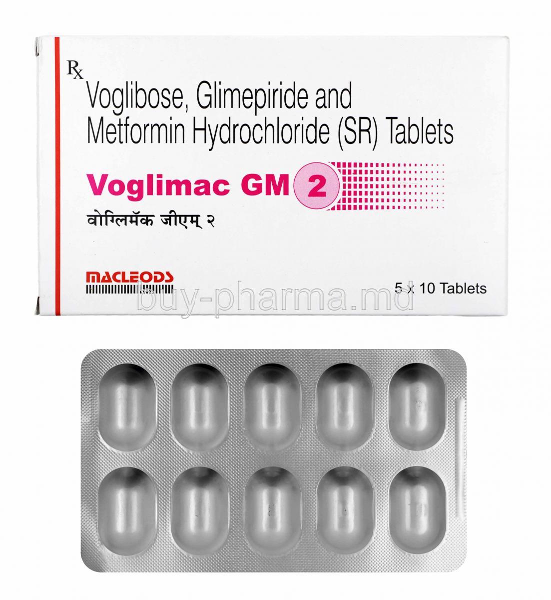 Voglimac GM, Glimepiride, Metformin and Voglibose 2mg box and tablets