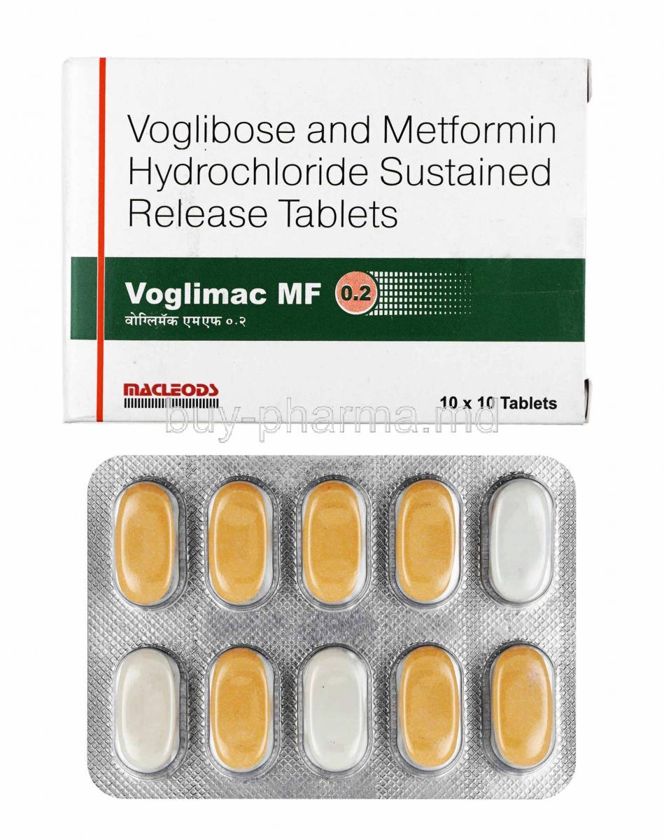 Voglimac MF, Metformin and Voglibose 0.2mg box and tablets