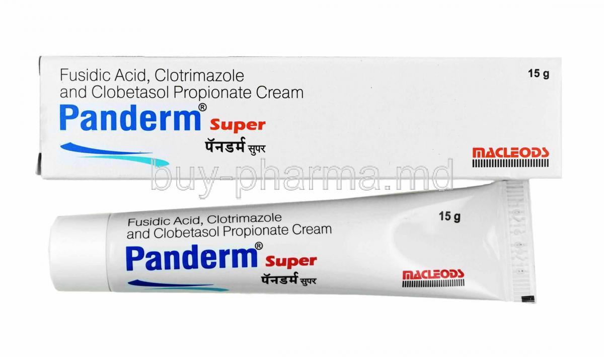Panderm Super Cream, Clobetasol, Clotrimazole and Fusidic Acid box and tube