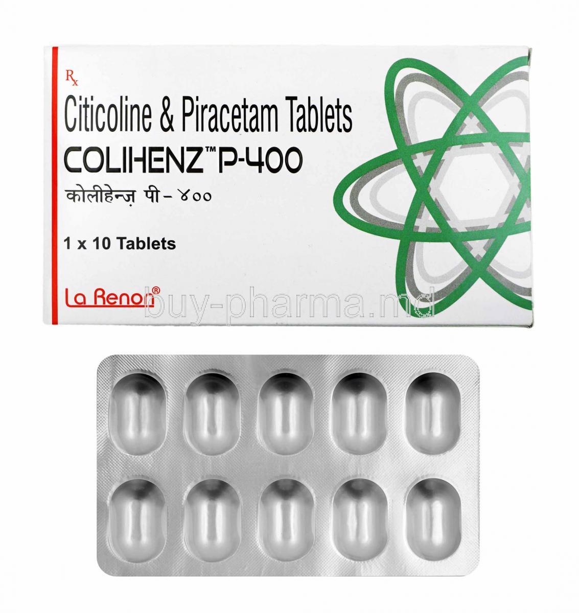 Colihenz P, Citicoline and Piracetam 400mg box and tablets